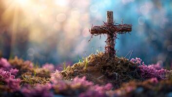 AI generated Cross on moss with bokeh background. Crucifixion concept photo