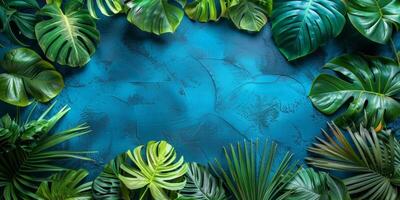 AI generated Tropical leaves on blue textured background. Top view. photo