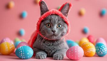 ai generado linda gato vistiendo conejito orejas rodeado por vistoso Pascua de Resurrección huevos foto