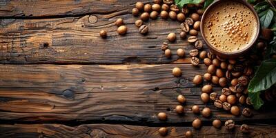 AI generated Coffee cup and coffee beans on wooden background. Top view. photo