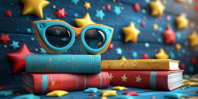 AI generated Fun and Whimsical Reading Glasses with Stacked Books on Colorful Star Background. Concept of Imagination, Creativity, and Escapism through Literature. photo