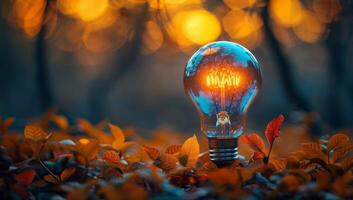 AI generated Autumn Inspiration Glowing Light Bulb Idea Concept Nature Leaves photo