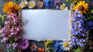 AI generated floral frame with wildflowers and blank paper photo