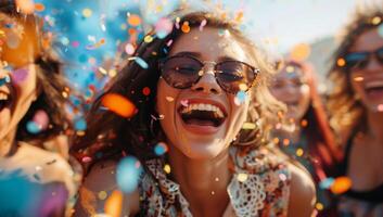 AI generated Group of friends having fun at the beach with confetti. photo