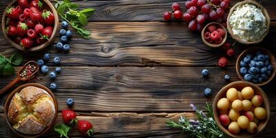 AI generated Fresh berries and pastries on rustic wooden background. Top view photo