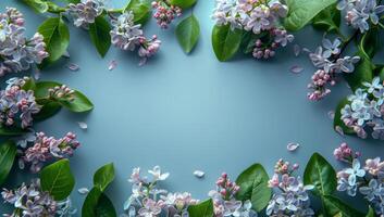 AI generated Frame of lilac flowers on blue background. Flat lay, top view. photo