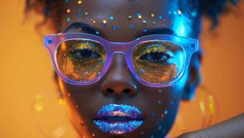 AI generated Fashion portrait of african american woman with neon makeup and sunglasses photo