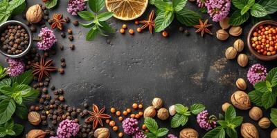 AI generated Herbs and spices on dark background. Top view with copy space photo