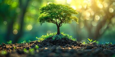 ai generado vibrante naturaleza escena con miniatura árbol creciente en bosque piso. concepto de ambiental conservación, sostenible crecimiento, y ecológico balance. foto