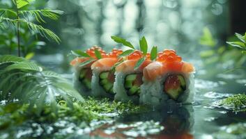 AI generated Sushi roll with salmon, avocado, cucumber and red caviar. photo