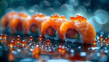 AI generated Sushi roll with salmon and caviar on a dark background. photo