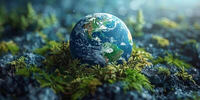 AI generated Earth globe on moss in forest, environmental conservation concept. Fragile planet in nature, protecting ecology and sustainable future. photo