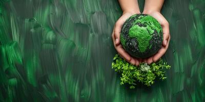 AI generated Close up of a childs hands holding a globe with green continents, symbolizing environmental protection and a sustainable future. Earth Day concept. photo