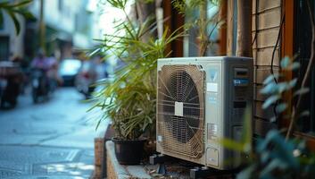 AI generated Old air conditioning unit in urban alleyway surrounded by plants. Concept of environmental impact, energy efficiency, and city living. photo