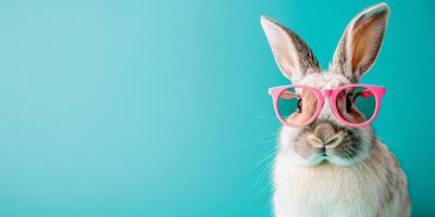 AI generated Easter bunny wearing pink glasses on blue background with copy space. photo