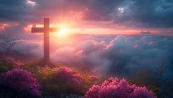 ai generado cruzar en el parte superior de el montaña con rosado flores a puesta de sol. foto