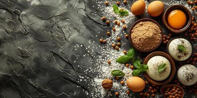 AI generated Ingredients for cooking tiramisu on grey background, top view. Space for text photo