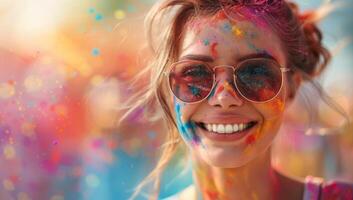 AI generated A young woman wearing sunglasses is covered in colorful powder while smiling. photo