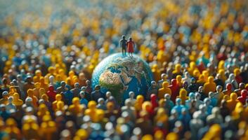 AI generated Diverse miniature people encircle a detailed globe photo