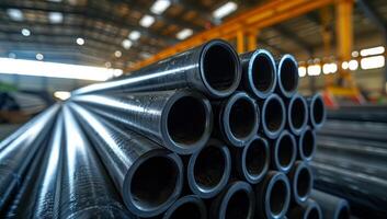 AI generated Steel pipes stacked in industrial warehouse. Manufacturing of metal tubing products for construction and infrastructure. photo