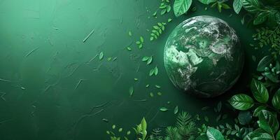 AI generated Planet Earth surrounded by lush green leaves and raindrops. Environmental and nature conservation concept. photo