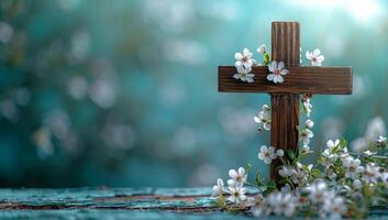 AI generated Wooden cross with white flowers on an old wooden background. Easter background photo