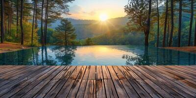 ai generado de madera piso y nadando piscina en el pino bosque a puesta de sol. foto