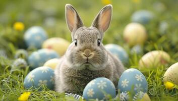 AI generated Easter bunny rabbit surrounded by colorful painted eggs in grassy meadow. Springtime holiday celebration with adorable furry animal. photo