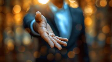 AI generated Reaching out hand gesture with blurred golden lights background. Concept of support, help, and compassion. photo