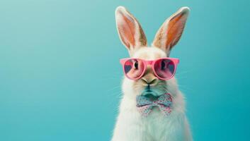 ai generado retrato de linda conejito vistiendo rosado el plastico Gafas de sol y polca punto arco Corbata en contra azul antecedentes. gracioso hipster Conejo con elegante accesorio. concepto de contento Pascua de Resurrección celebracion. foto