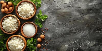 AI generated Bowls with tasty boiled rice and parsley on grey background photo