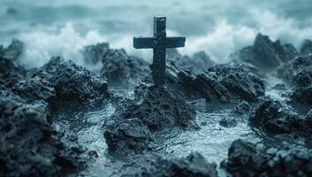 AI generated Black cross on stormy sea. Concept of religion, faith, hope, and salvation. photo