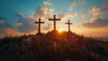 ai generado cruces en el colina con puesta de sol en el antecedentes. 3d representación foto