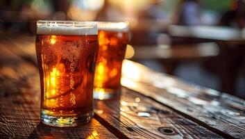 AI generated Two glasses of cold craft beer on rustic wooden table in pub or bar. Refreshing amber ale or lager in pint glasses, perfect for unwinding after work or on weekend photo