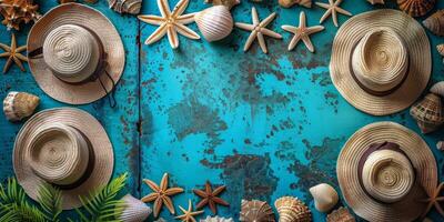 AI generated Straw hat, starfish and seashells on blue wooden background photo