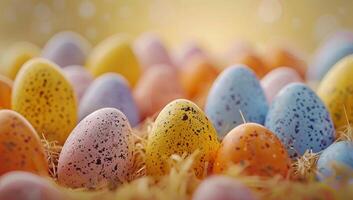 ai generado vistoso Pascua de Resurrección huevos con pastel polca puntos Perfecto para festivo día festivo. concepto de primavera celebracion. foto