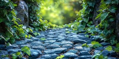 AI generated Stone pathway in the garden with green leaves and stone pebbles photo