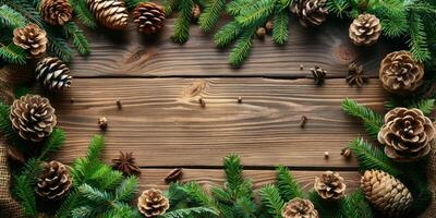 AI generated Christmas background with fir branches and cones on wooden board. Top view photo