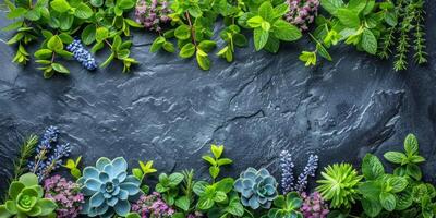 AI generated Fresh herbs and flowers on dark stone background. Top view with copy space photo