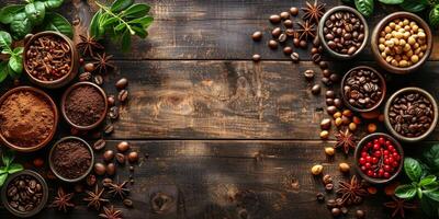 AI generated Coffee beans, spices and herbs on dark wooden background. Top view with copy space photo