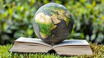 AI generated Globe and open book on green grass background, Earth day concept photo