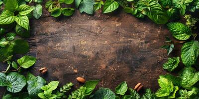 AI generated Fresh green leaves on rustic wooden background. Top view with copy space photo