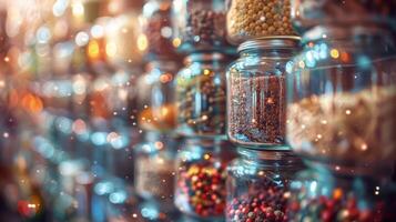 AI generated Colorful spices in glass jars with festive holiday lights. Aromatic seasonings and culinary ingredients for cooking and baking. Concept of flavors, aromas, and seasonal cuisine. photo