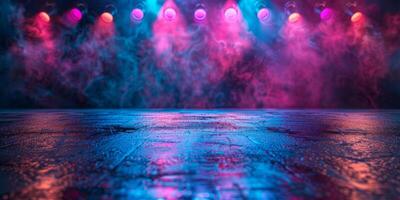 AI generated Neon Smoke Reflections, Vibrant Hues Mirrored on Wet Floor photo