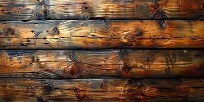 AI generated Close up view of a rustic wooden wall of a log house photo