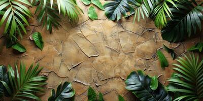 AI generated Tropical leaves on grunge background, top view. Space for text photo