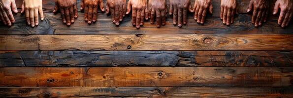 AI generated Unity diversity teamwork concept with diverse hands on rustic wooden table photo