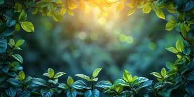 AI generated Green leaves with sun light and bokeh, nature background. photo