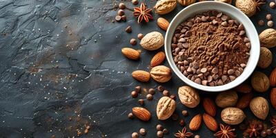 AI generated Cocoa powder in a bowl with nuts on a dark background. photo