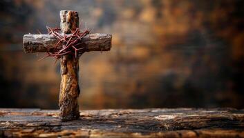 AI generated Wooden cross on a wooden background. The concept of the Christian faith. photo